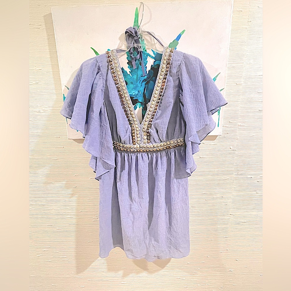 Tibi periwinkle bead detailing flutter sleeve mini dress sz 2